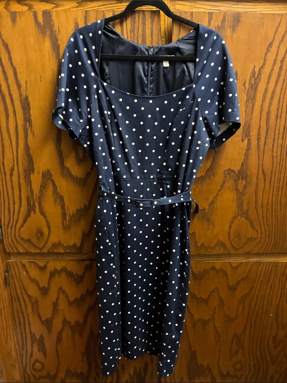 eva mendes for New York & Company Navy Polka Dot Midi Dress with Belt